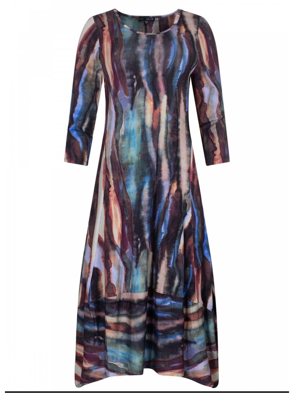 Kozan Theros Watercolor Stripe Asymmetric Hem Stretch Jersey Midi Dress NWT